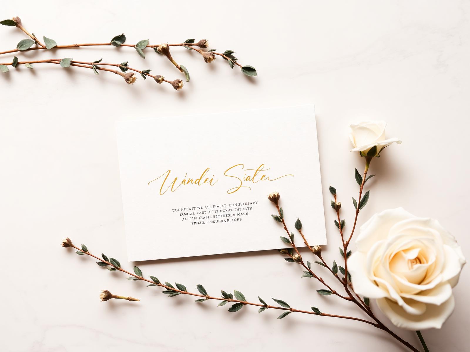 Carte d'invitation élégante avec calligraphie dorée sur marbre
